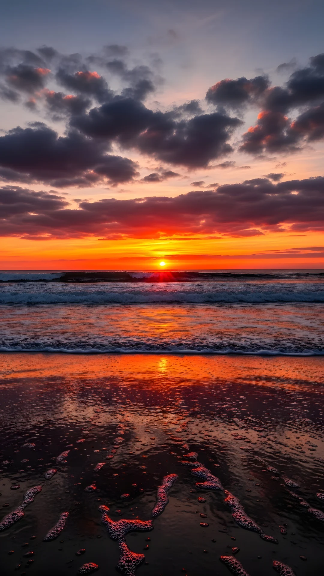 Fiery sunset over ocean with crashing waves and reflective wet sand - Free 4K mobile Wallpaper