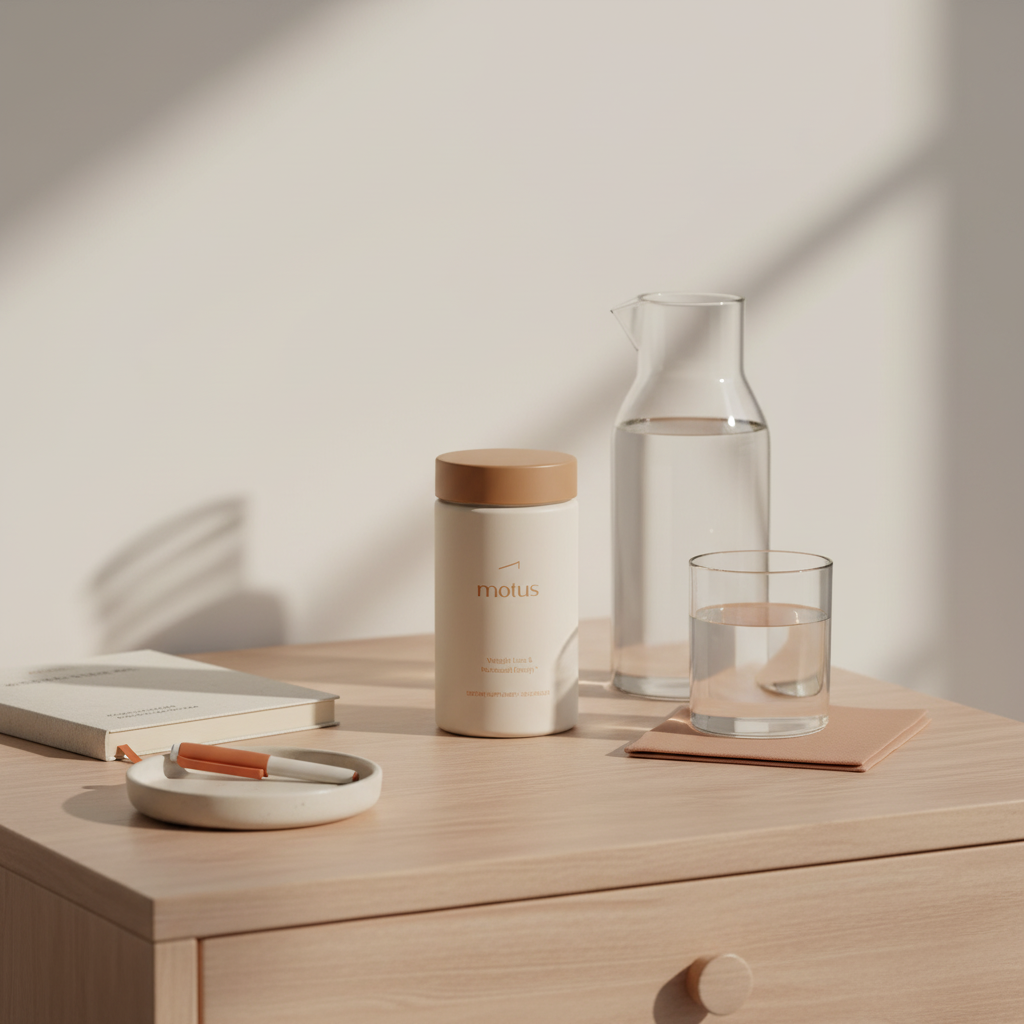 Minimalist bedside table with Motus supplement jar, glass carafe of water and notebook in soft natural light — most effective metabolism booster for a morning routine.