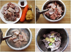 Đun một ấm nước sôi sau đó đổ vào tô sườn để khử bớt mùi. Tiếp đến vớt sườn ra cho vào nồi cơm điện cùng với hành, gừng thái nhỏ.