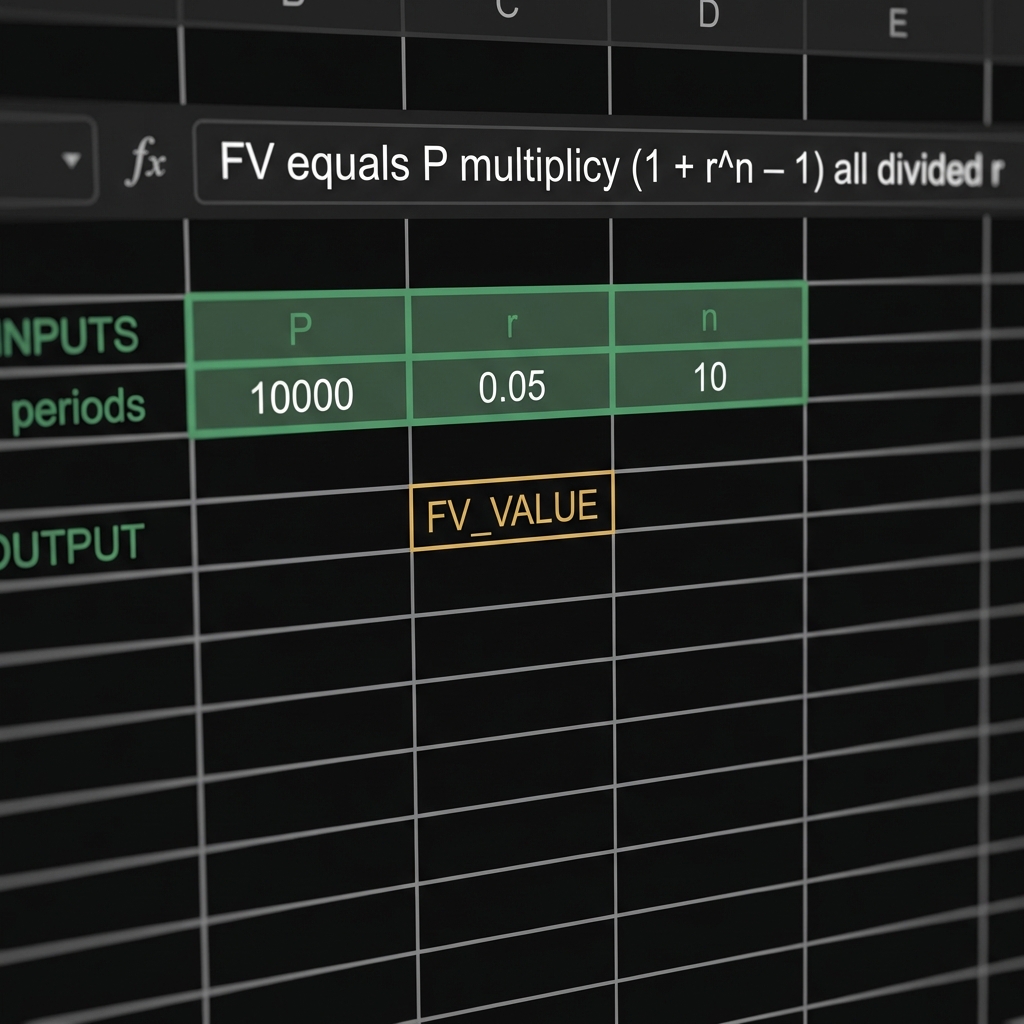 Close up spreadsheet showing annuity formula FV equals P multiplied by quantity one plus r to the power n minus one all divided by r with cells P r n highlighted long term investing strategies