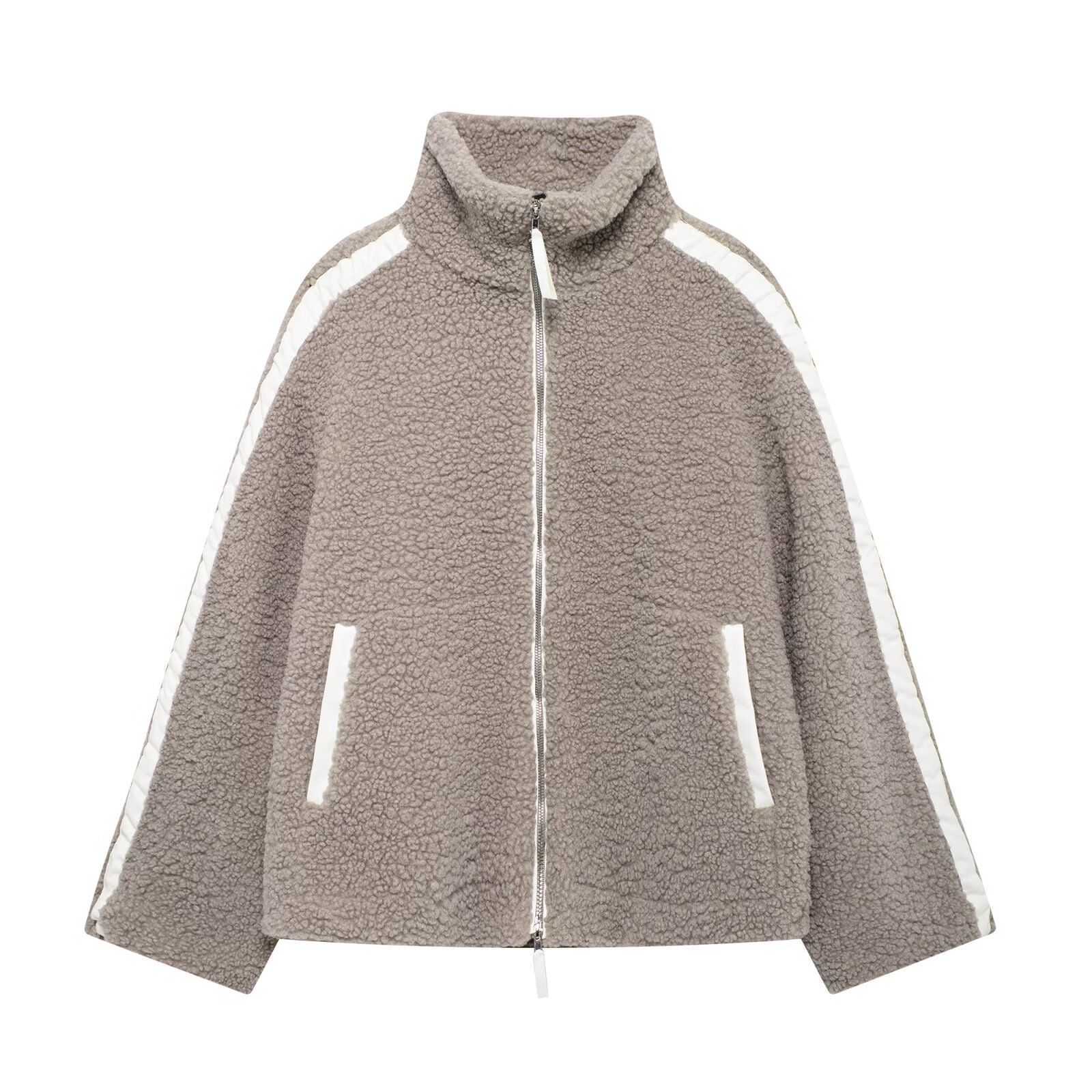 Women's Teddy Fleece Jacket, Stand Collar, Zip, Oversized
