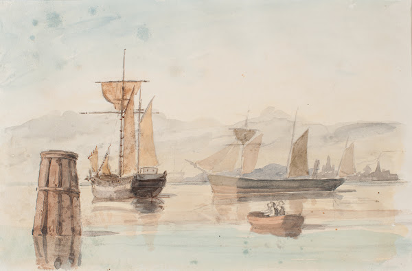 Hamnmotiv med ångare segelfartyg och roddbå 1855