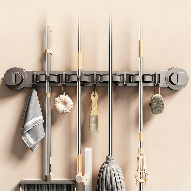 Suction cup holder for brooms and cleaning tools