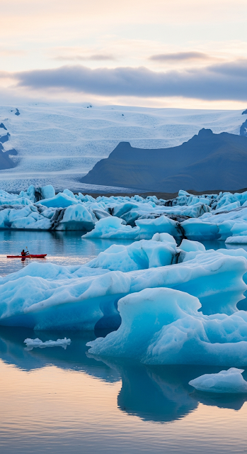 Close-Up Vertical View of Blue Icebergs and Kayaker in Glacial Lagoon at Twilight - Free mobile Wallpaper