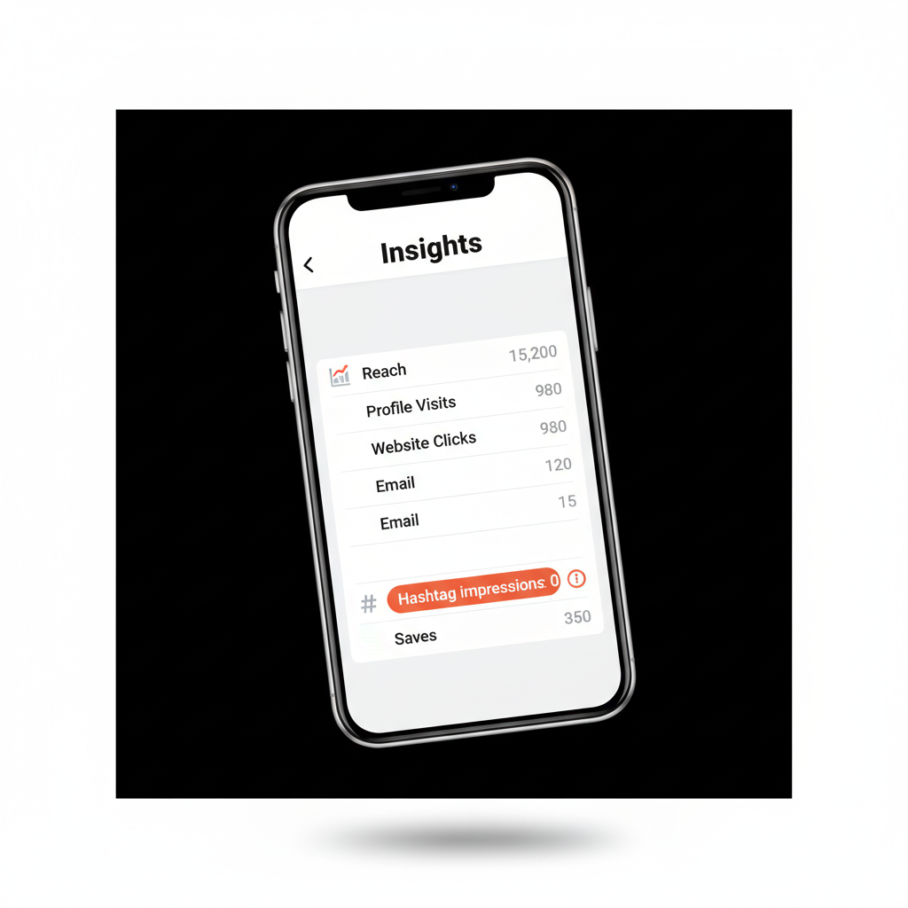 Minimal infographic of a phone Insights screen highlighting 'Hashtag impressions: 0' to illustrate instagram shadowban, black background, orange accent