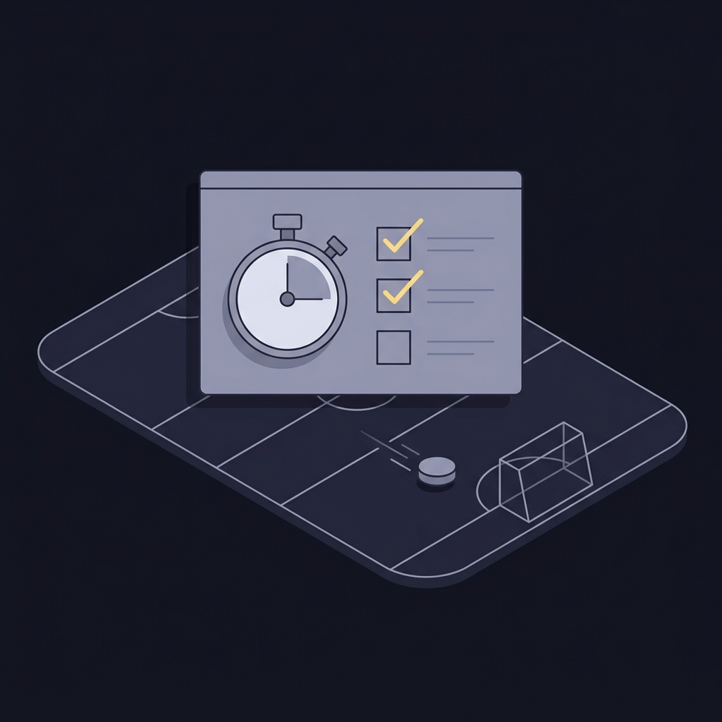 Minimalist 2D vector of a stopwatch and checklist over an NHL rink segment with puck and goal net in Funded Plays colors optimized for best nhl prediction site
