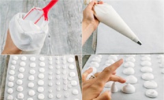 Lập tức hỗn hợp cho lòng trắng trứng đã đánh bông vào túi bắt kem. Bắt trứng ra khay nướng đã lót sẵn giấy nến theo như hình để tạo chân nấm và đầu nấm. Cho khay bánh vào lò, nướng ở 200 độ F trong 1 giờ 30 phút.