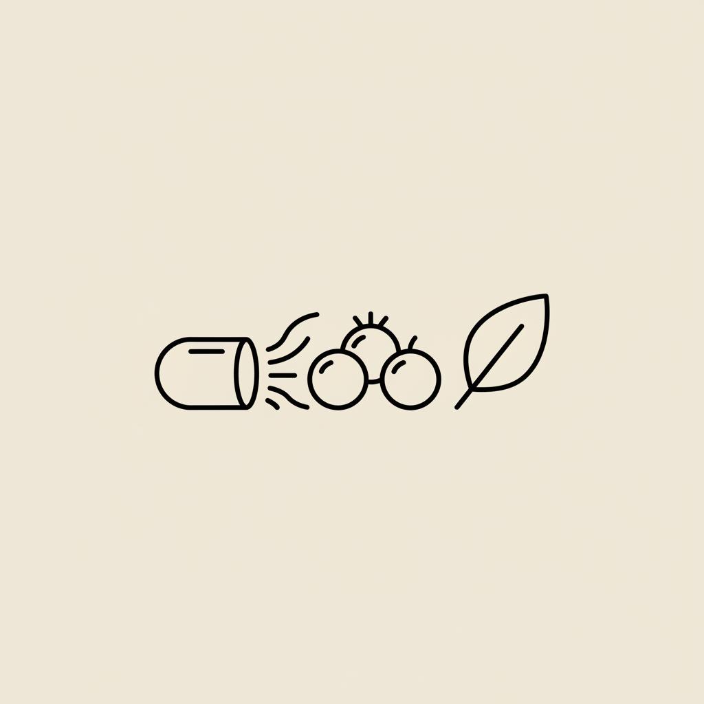 Minimal line illustration of a capsule morphing into berries and a leaf on beige background, representing leptin tablets and natural research-based weight support.