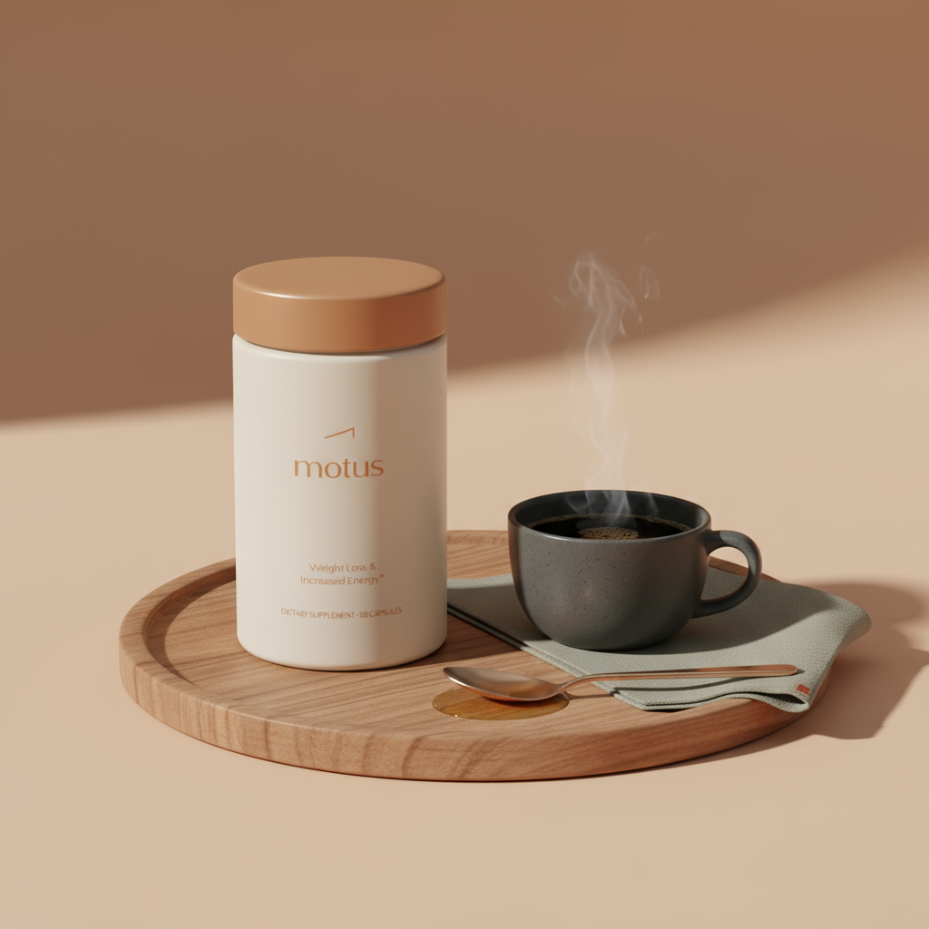 Close-up lifestyle photo of Tonum Motus supplement jar on a wooden tray with a spoonful of MCT oil and a small ceramic cup of black coffee; minimalist Tonum-styled scene for a keto fat burner article.