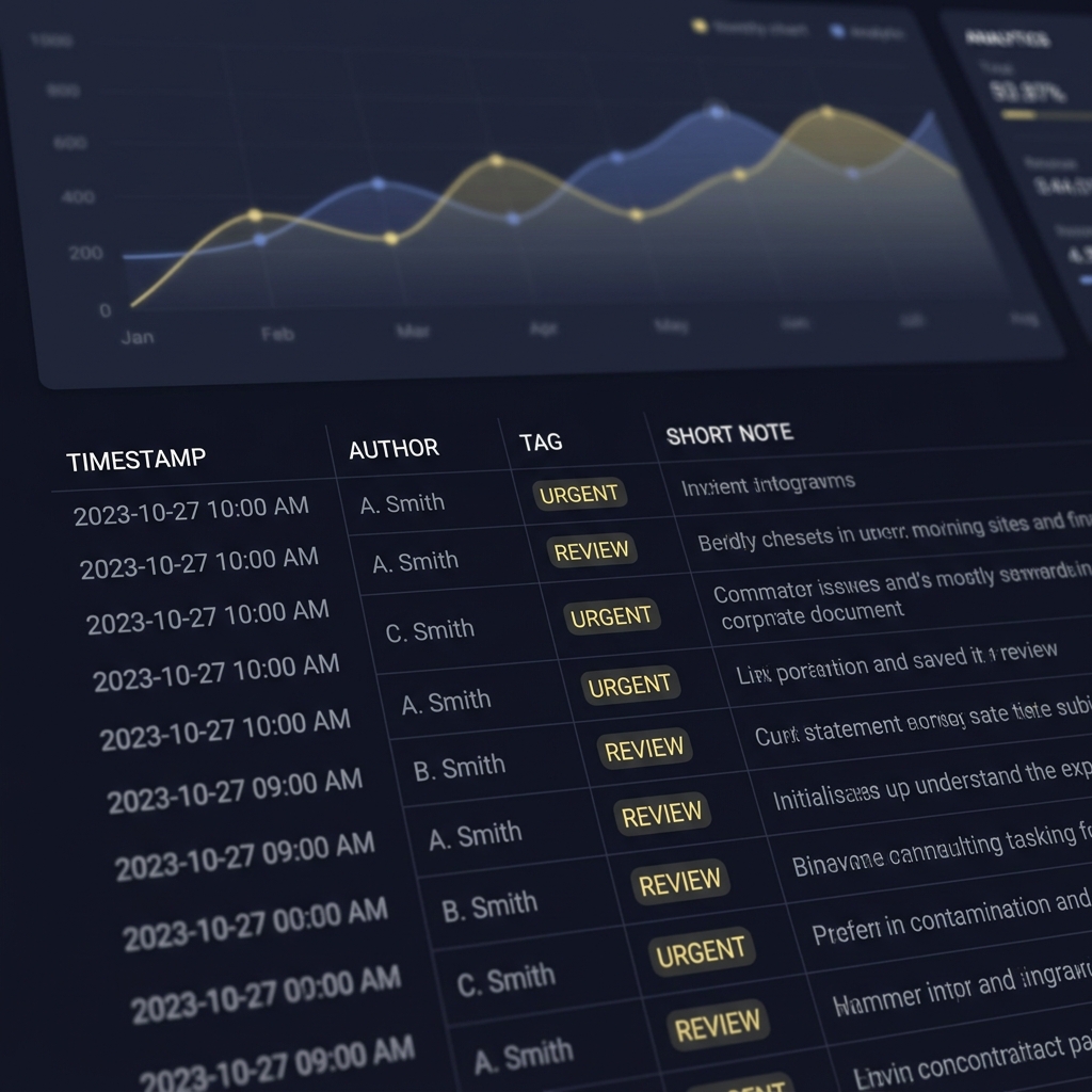 Close up of a shared spreadsheet showing timestamp author tag and short note columns with a KPI chart in the background emphasizing Why Notes Matter as Much as Numbers