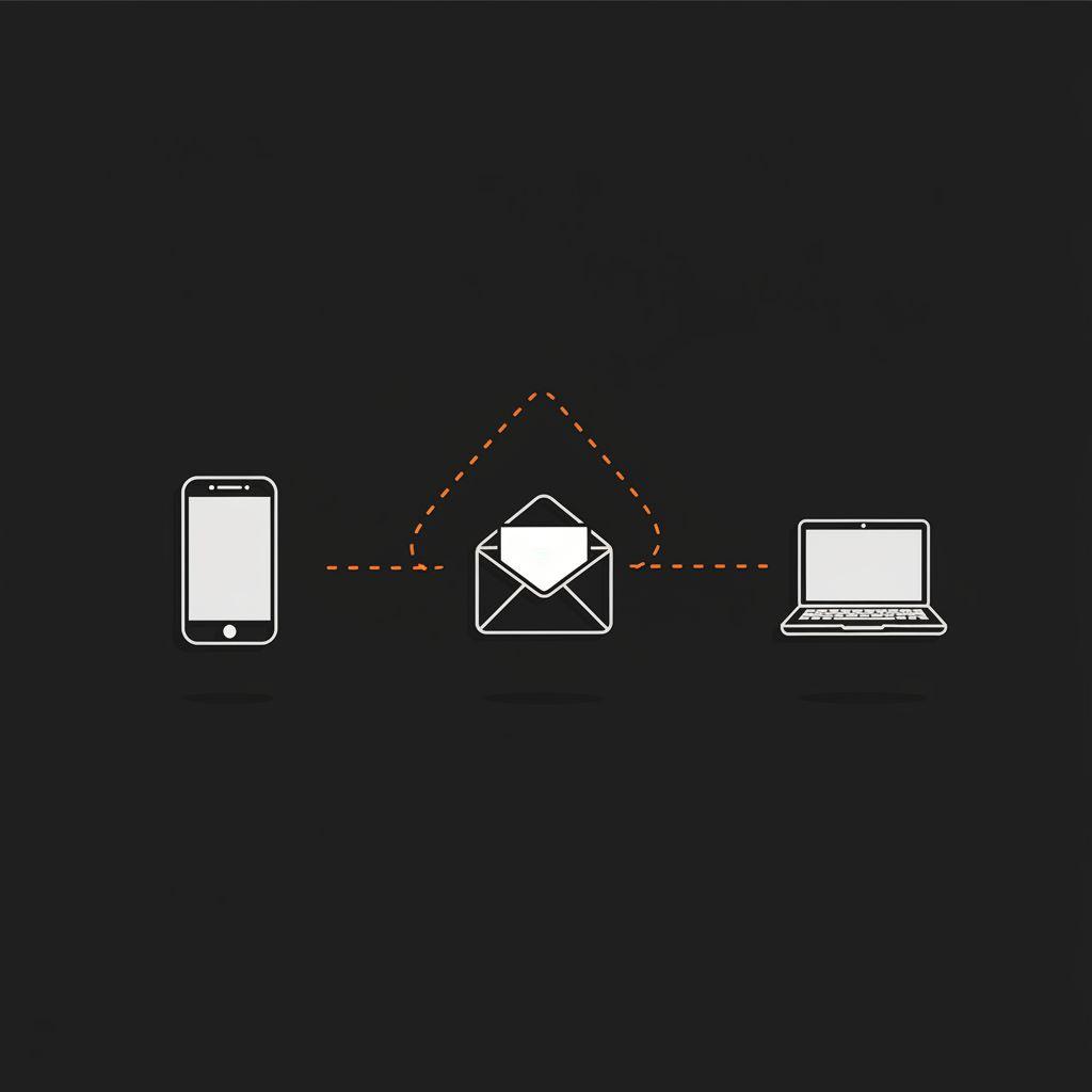 Minimal vector infographic: phone, email envelope, and device silhouette linked by dotted lines on black background with orange accents to recover Facebook account by name.