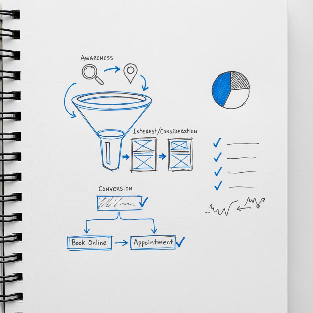 Close-up notebook sketch of a dental-clinic marketing funnel with budget pie chart and analytics checklist &mdash; How much do dental marketing agencies charge?