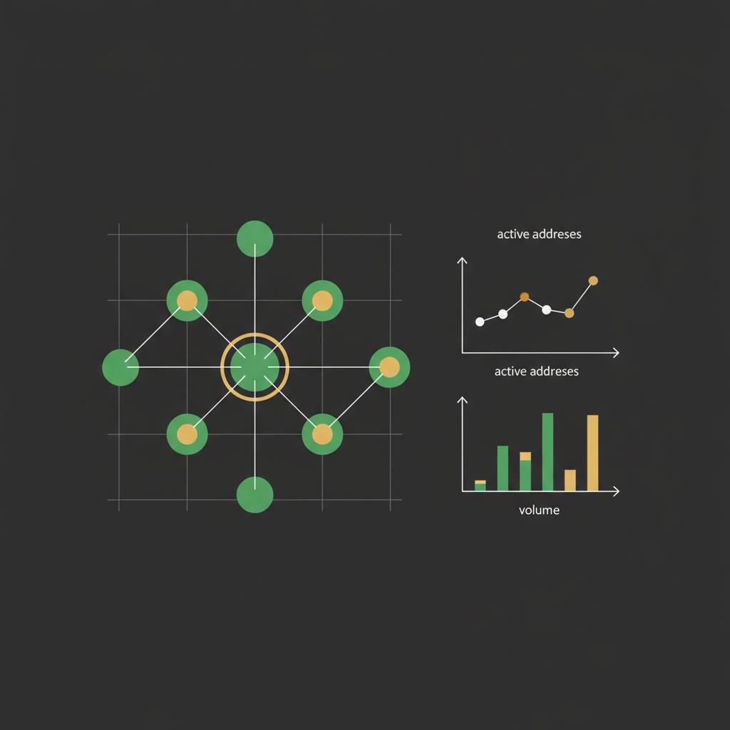 Close up vector blockchain node visualization with minimal line chart for active addresses and simple bar chart for volume in brand colors best coins to invest in