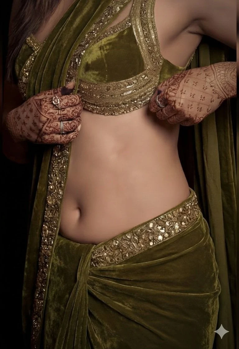 Una fotografía de estudio detallada y de alta costura de una mujer posando con gracia, luciendo un lujoso terciopelo verde oliva...