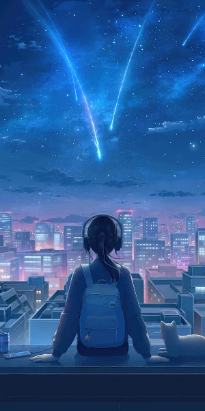 Anime Girl, Cityscape, Night Sky, Shooting Stars 4K Wallpaper Background