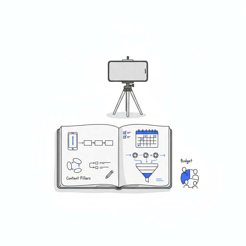 Minimalist 2D vector workspace showing a tripod phone and an open notebook of sketched TikTok content ideas and editing notes &mdash; TikTok for small businesses