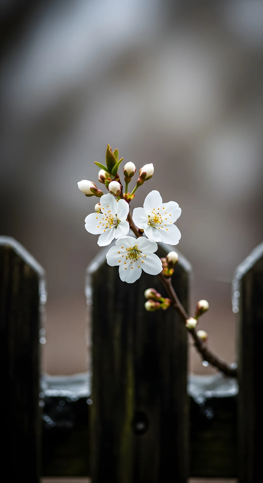 Macro Shot of Delicate White Flowers on a Branch Against a Dark Icy Wooden Fence - Free 4K mobile Wallpaper