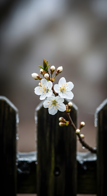 Macro Shot of Delicate White Flowers on a Branch Against a Dark Icy Wooden Fence - Free mobile Wallpaper