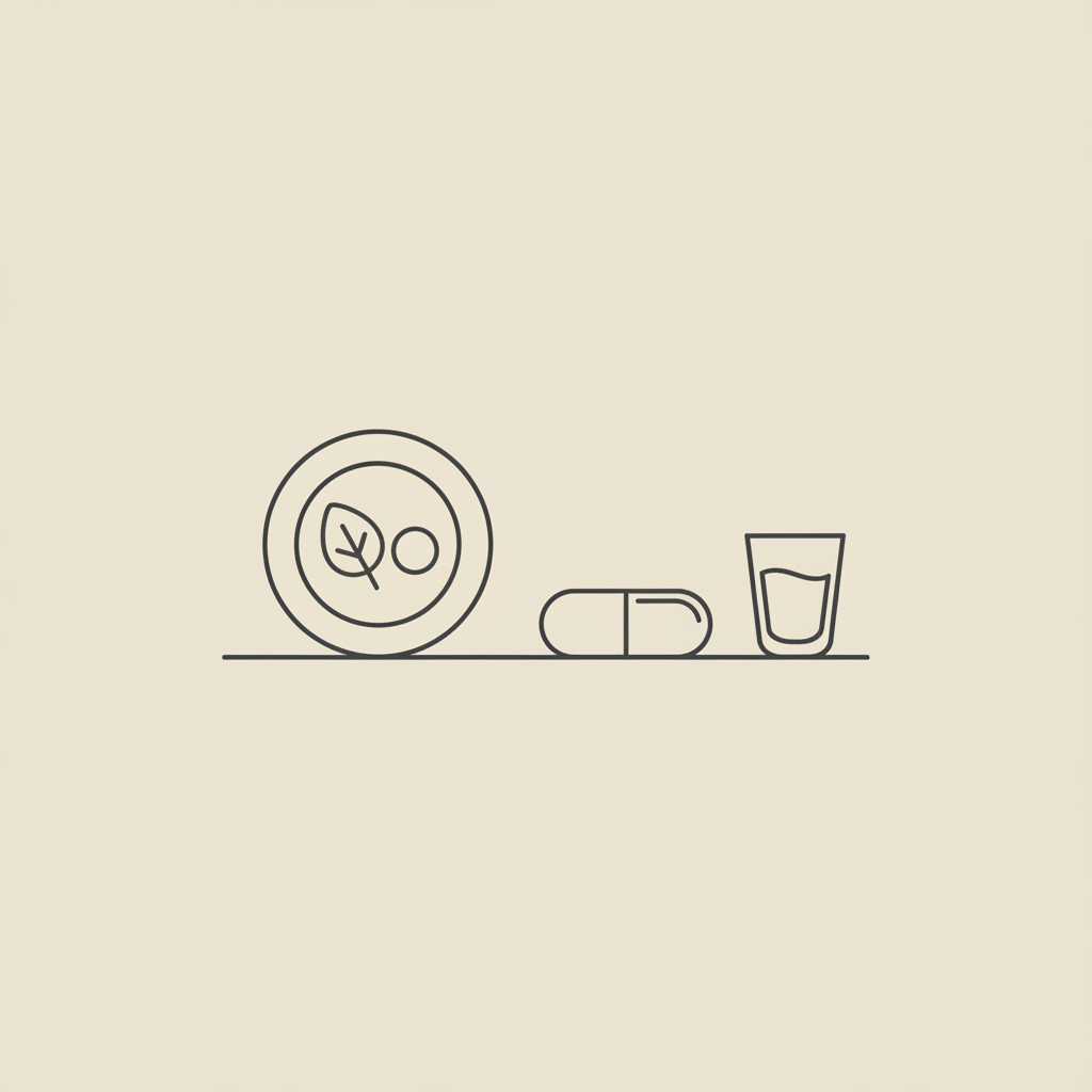 Minimal Tonum-style vector of a capsule, plate with simple vegetables, and a small water glass on beige background — is there an oral pill like Ozempic