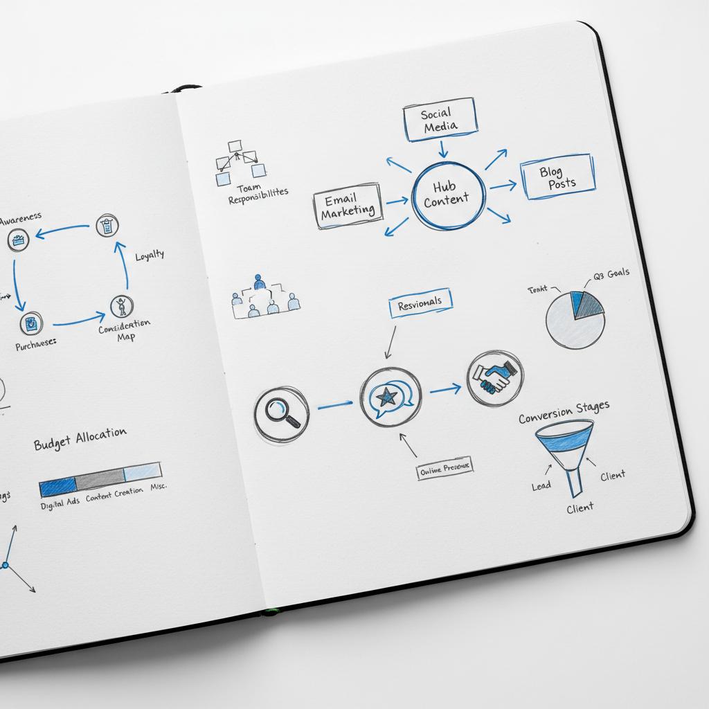 Top-down close-up of a planner page with hand-drawn marketing flowcharts linking icons for SEO, reviews, referrals in brand colors &mdash; how to advertise a CPA firm