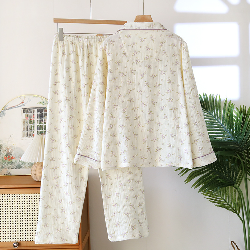 Damen-Pyjama-Set, Baumwolle, Langarm, mit Revers
