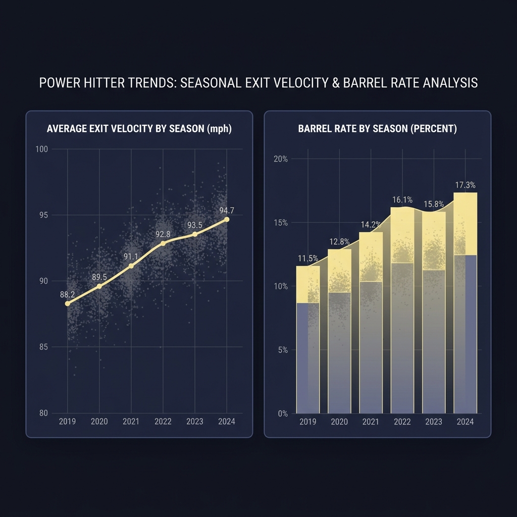 aaron judge home run odds data visualization showing a clean Statcast style dashboard of exit velocity and barrel rate trends across seasons for a generic power hitter minimalist layout on dark background