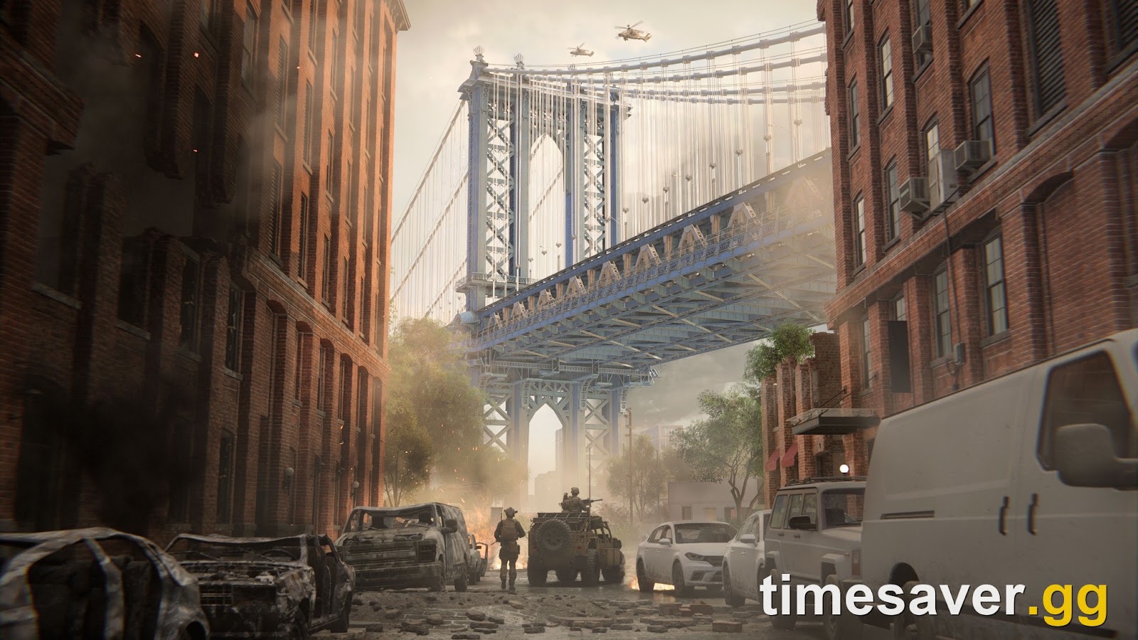 Battlefield 6 campaign screenshot of soldiers and a vehicle pushing through a wrecked urban street beneath a suspension bridge