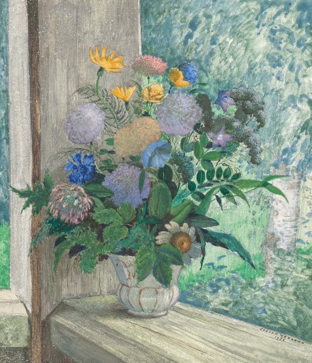 Still life with chrysanthemums bellflowers cornflowers and daisies in a white va