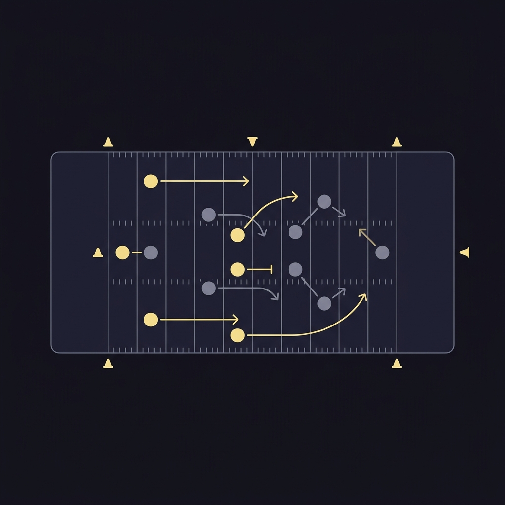 Minimalist 2D vector showing a small sided practice drill with receivers and defenders in a condensed game like training setup on a dark Funded Plays palette american football tips