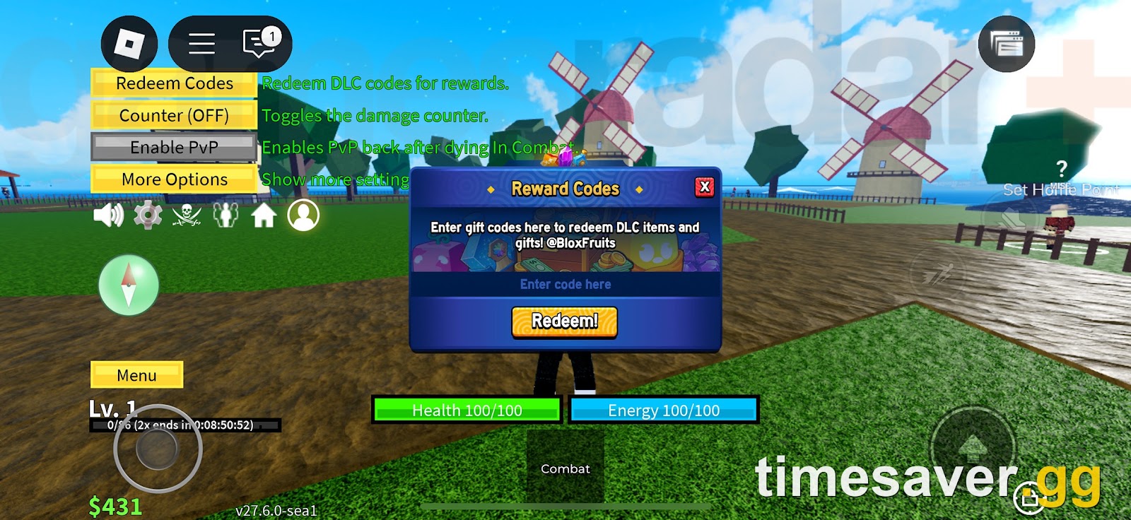 Blox Fruits Reward Codes popup showing the code entry box and Redeem button