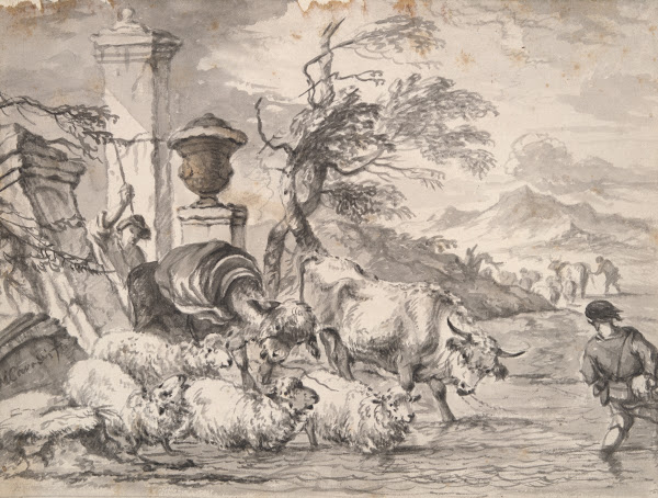 Cattle wasing through a floodedstream late 17thearly 18thcentury