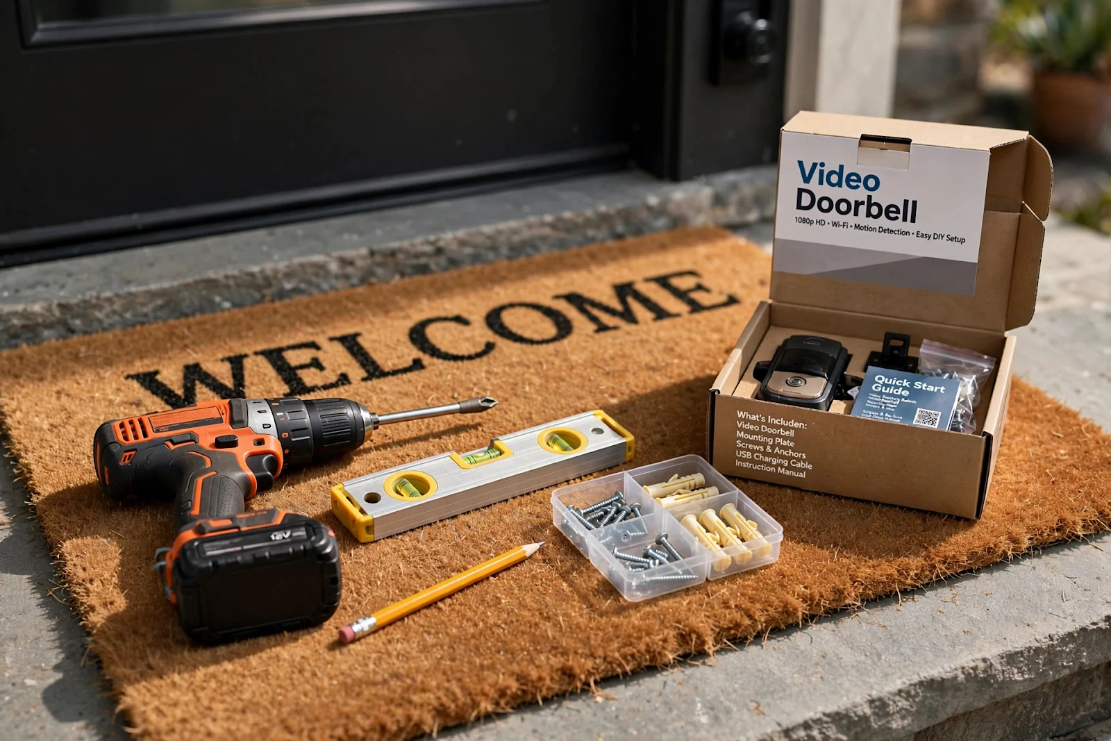 DIY tools arranged on a doorstep for installing a video doorbell