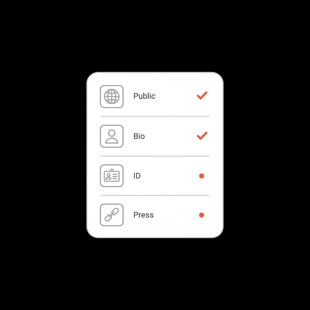 Minimal 2D vector checklist infographic for instagram verification showing four icons for public account, bio, ID, and press links on a black background