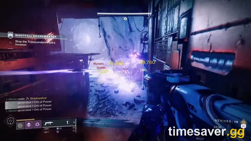 Destiny 2 Grandmaster combat, fighting Champions and Vex with the limited Revives counter visible in the corner