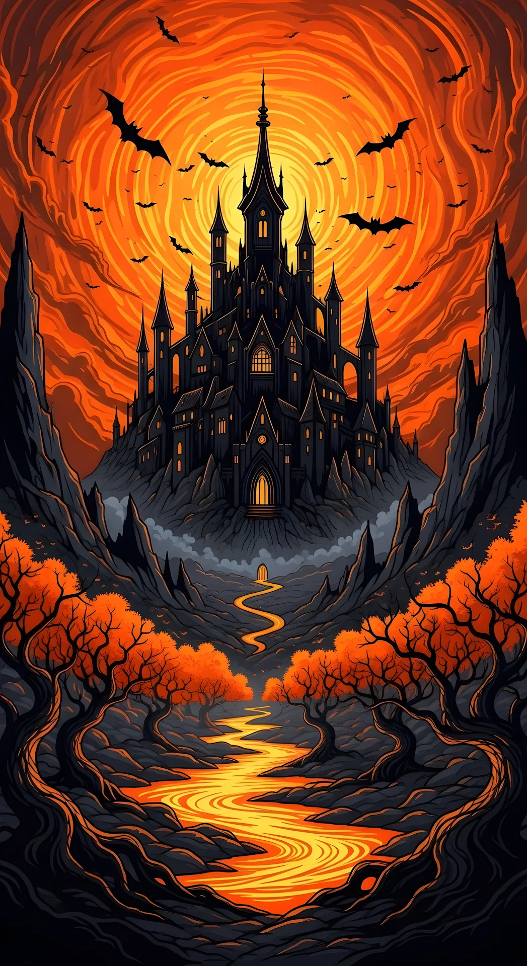 Dark Gothic Castle Against Swirling Orange Halloween Sky - Free 4K mobile Wallpaper