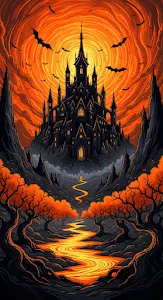 Dark Gothic Castle Against Swirling Orange Halloween Sky