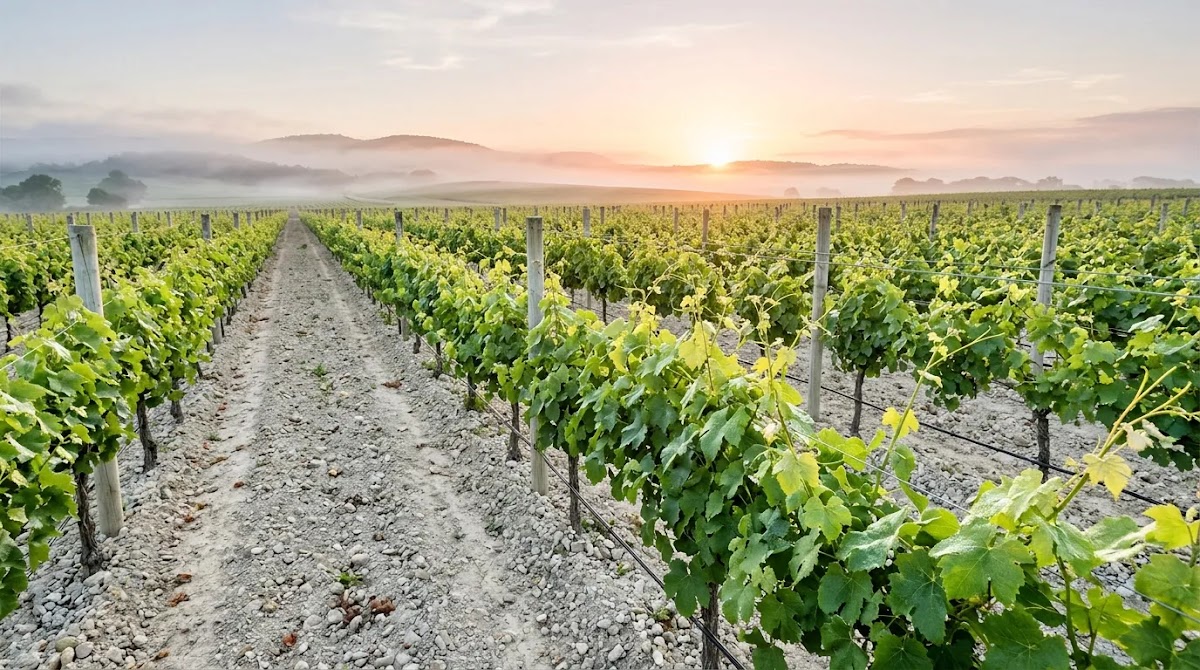 Sauvignon blanc wine guide illustrated by a fresh cool-climate vineyard at sunrise