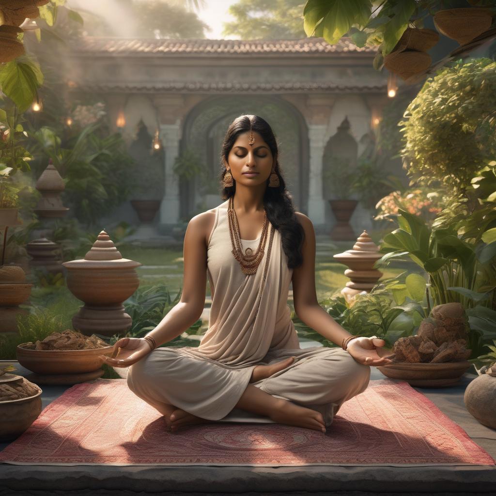 Indian woman meditating peacefully in a garden