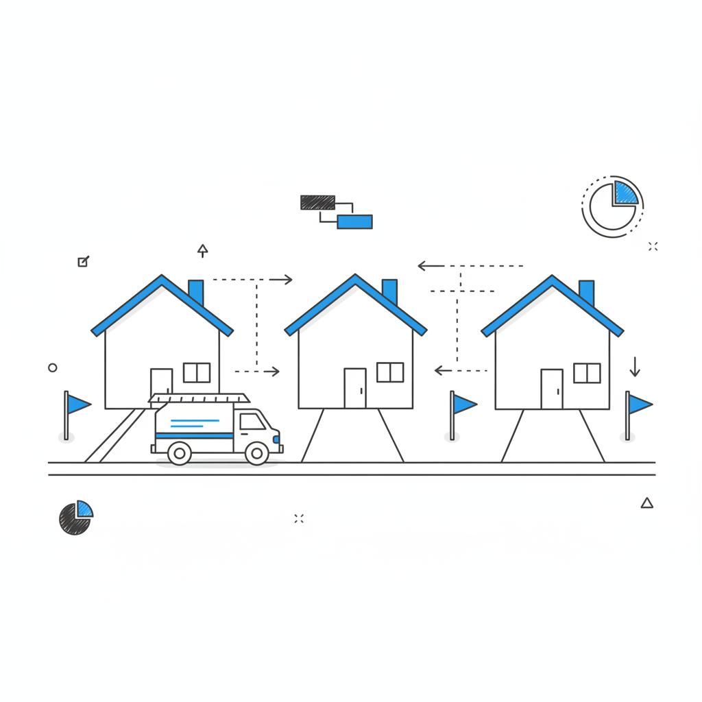 Minimalist 2D vector neighborhood sketch showing marked jobsites and an unbranded service truck outside a house, emphasizing roofing marketing local visibility with blue accents.