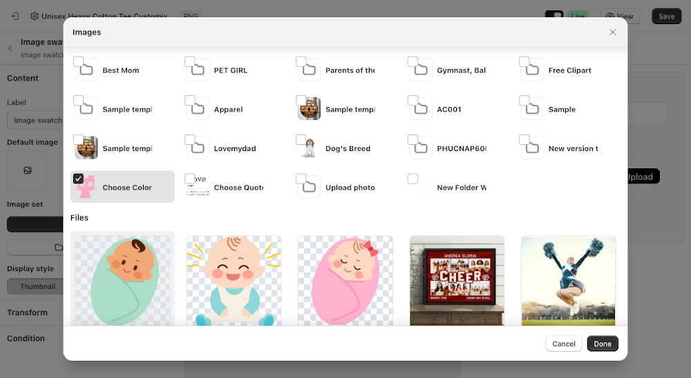 Images dialog with the Choose Color folder's checkbox ticked in the Folders list