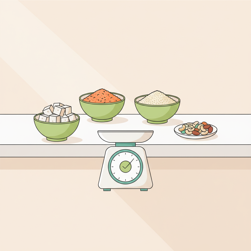 Minimalistische 2D-Vektor-Küchenablage mit Tofu, Linsen, Quinoa und Nüssen sowie Waage mit grünem Häkchen – Szene zum vegetarischer muskelaufbau