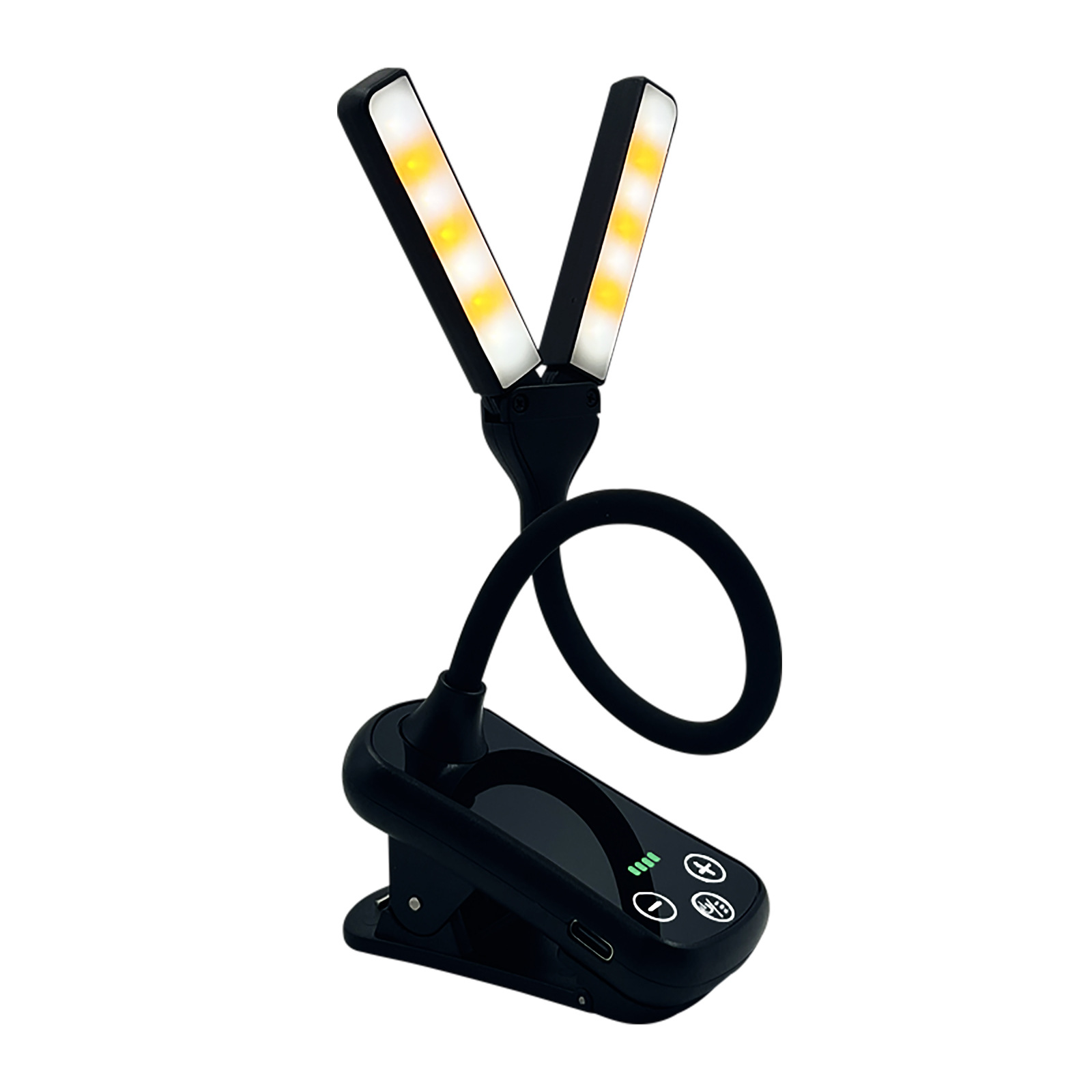 LED reading lamp with clip, double head, dimmable and battery indicator