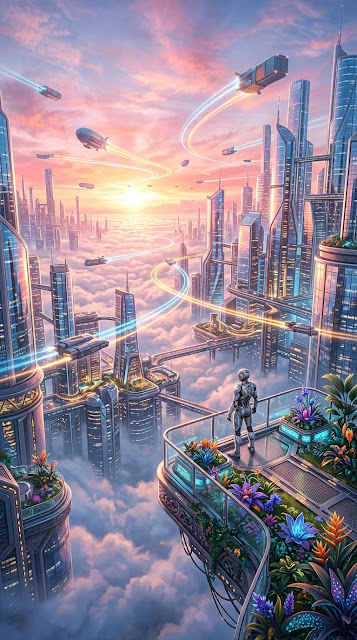 Futuristic Sky City at Dawn with Airships and Floating Gardens - Free mobile Wallpaper