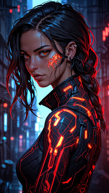 Cyberpunk Woman with Glowing Red Circuitry - Free mobile Wallpaper