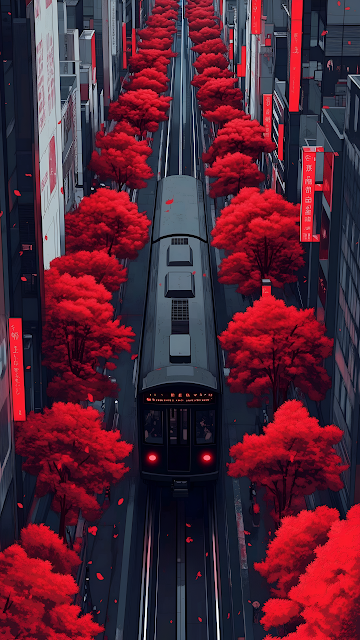 Tokyo Street Train Track Lined with Vibrant Red Maple Trees - Free mobile Wallpaper