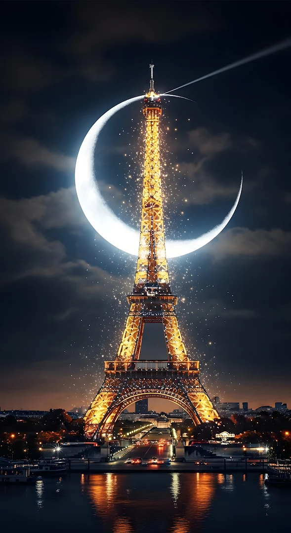 Sparkling Eiffel Tower at Night Under a Giant Crescent Moon
