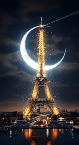 Sparkling Eiffel Tower at Night Under a Giant Crescent Moon