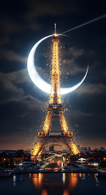 Sparkling Eiffel Tower at Night Under a Giant Crescent Moon - Free mobile Wallpaper