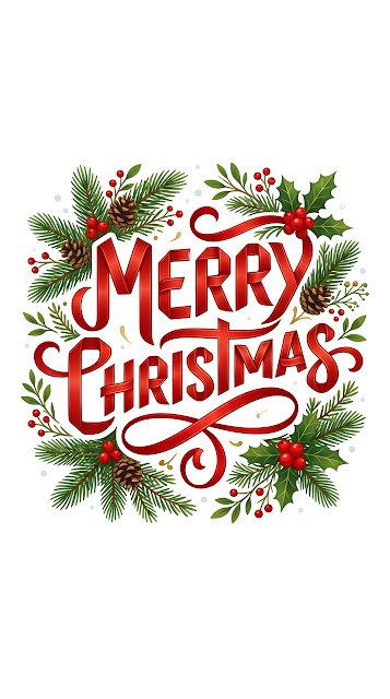 Merry Christmas Typography In Red Ribbon With Pine Sprigs - Free mobile Wallpaper