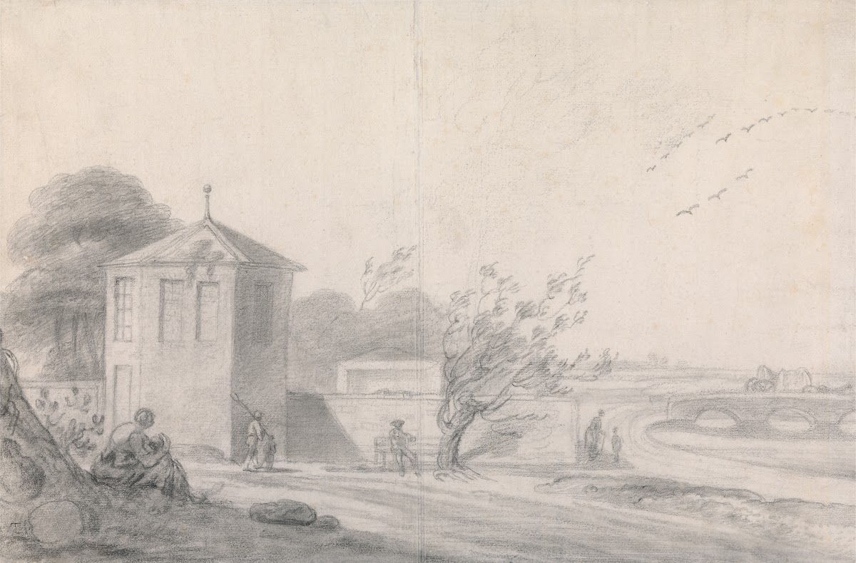 Riverside Scene with Figures Hexagonal Building Left and Horse Drawn Wagon Cross
